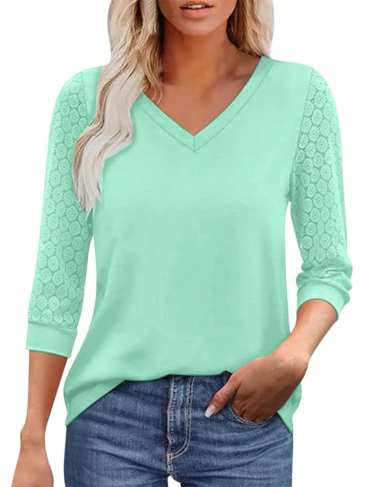 Solid Lace V-Neck Lace Tunic Casual T-shirt