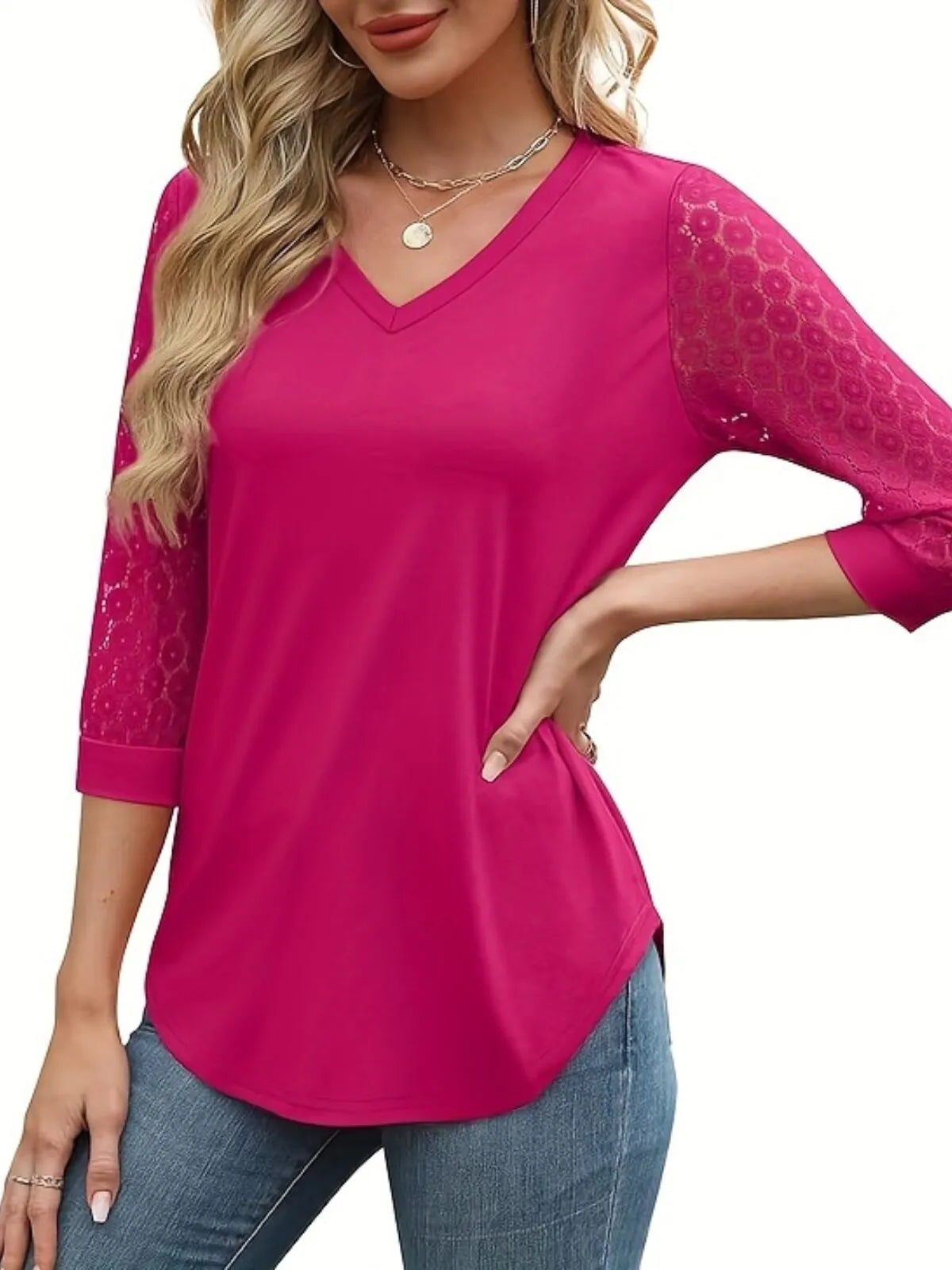 Solid Lace V-Neck Lace Tunic Casual T-shirt