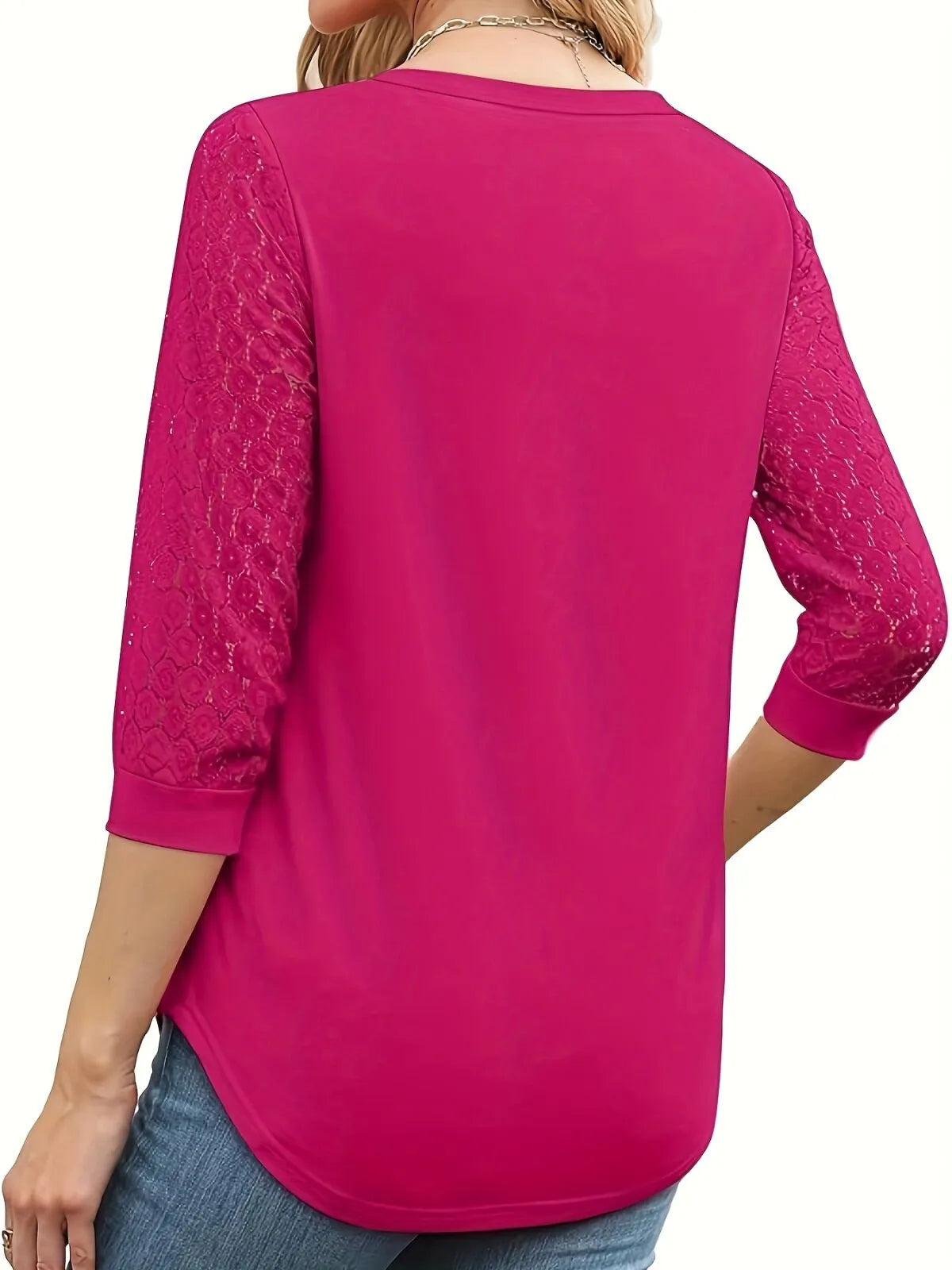 Solid Lace V-Neck Lace Tunic Casual T-shirt