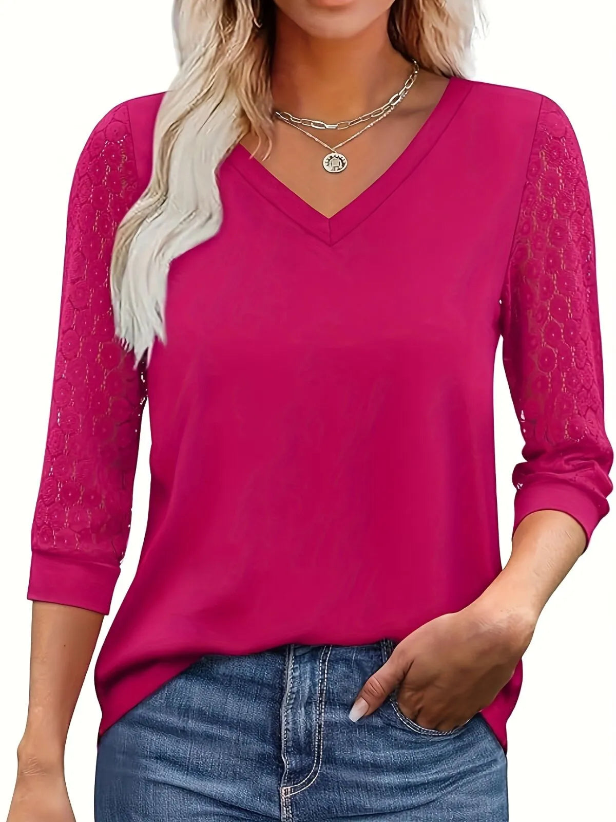 Solid Lace V-Neck Lace Tunic Casual T-shirt