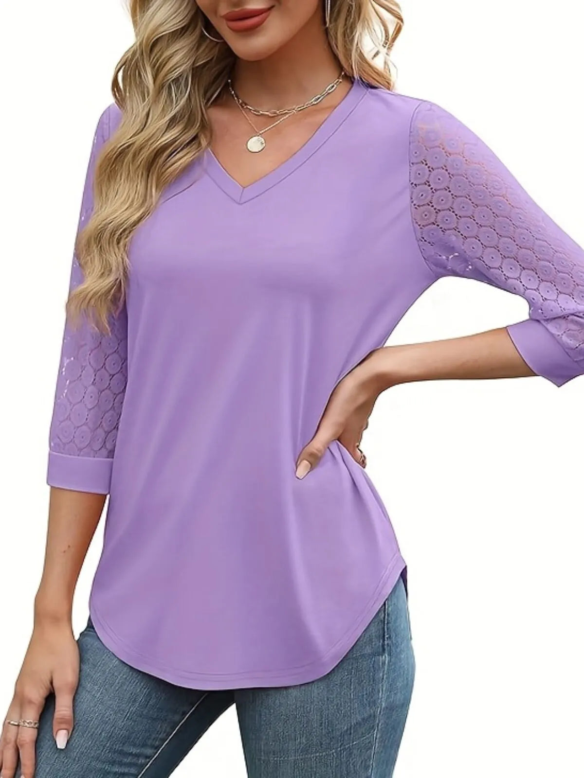 Solid Lace V-Neck Lace Tunic Casual T-shirt