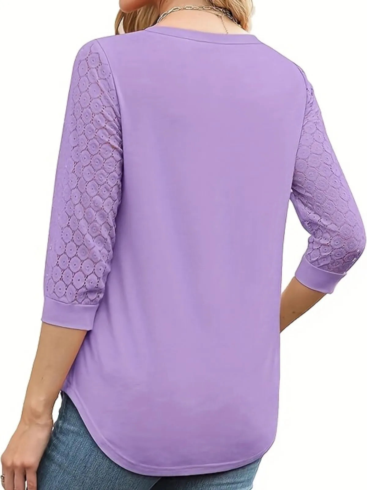 Solid Lace V-Neck Lace Tunic Casual T-shirt