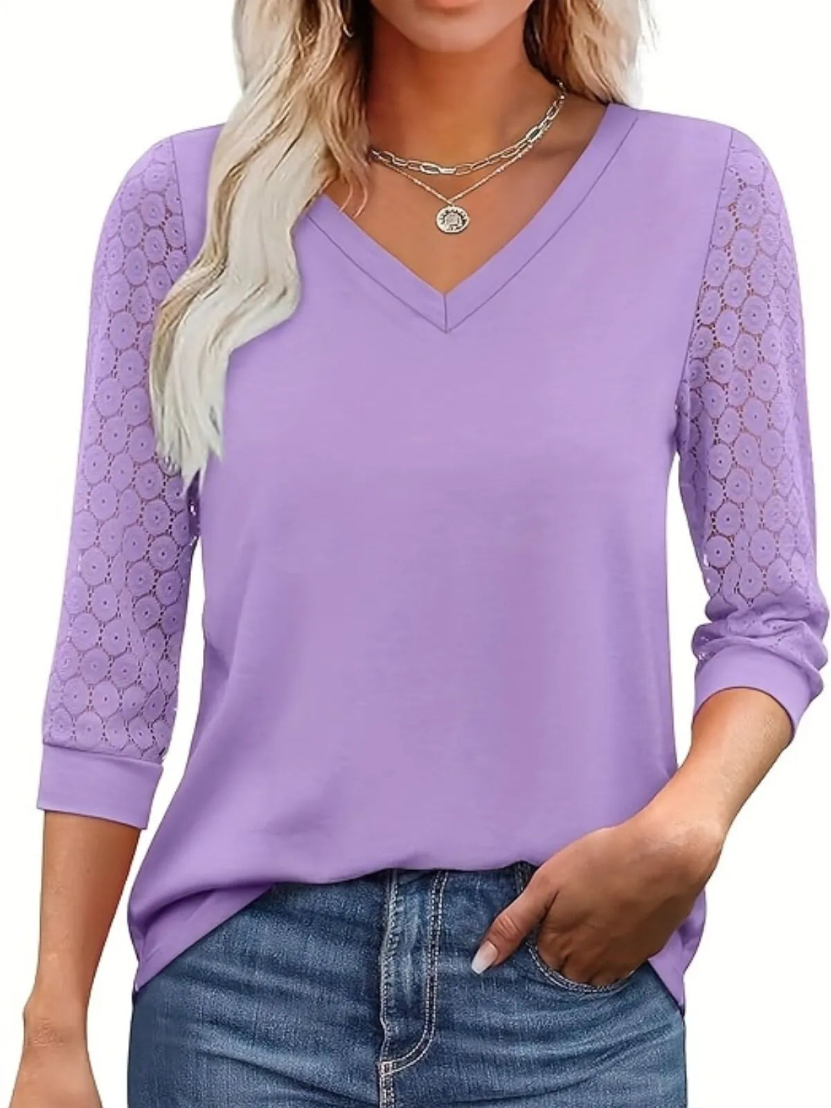 Solid Lace V-Neck Lace Tunic Casual T-shirt