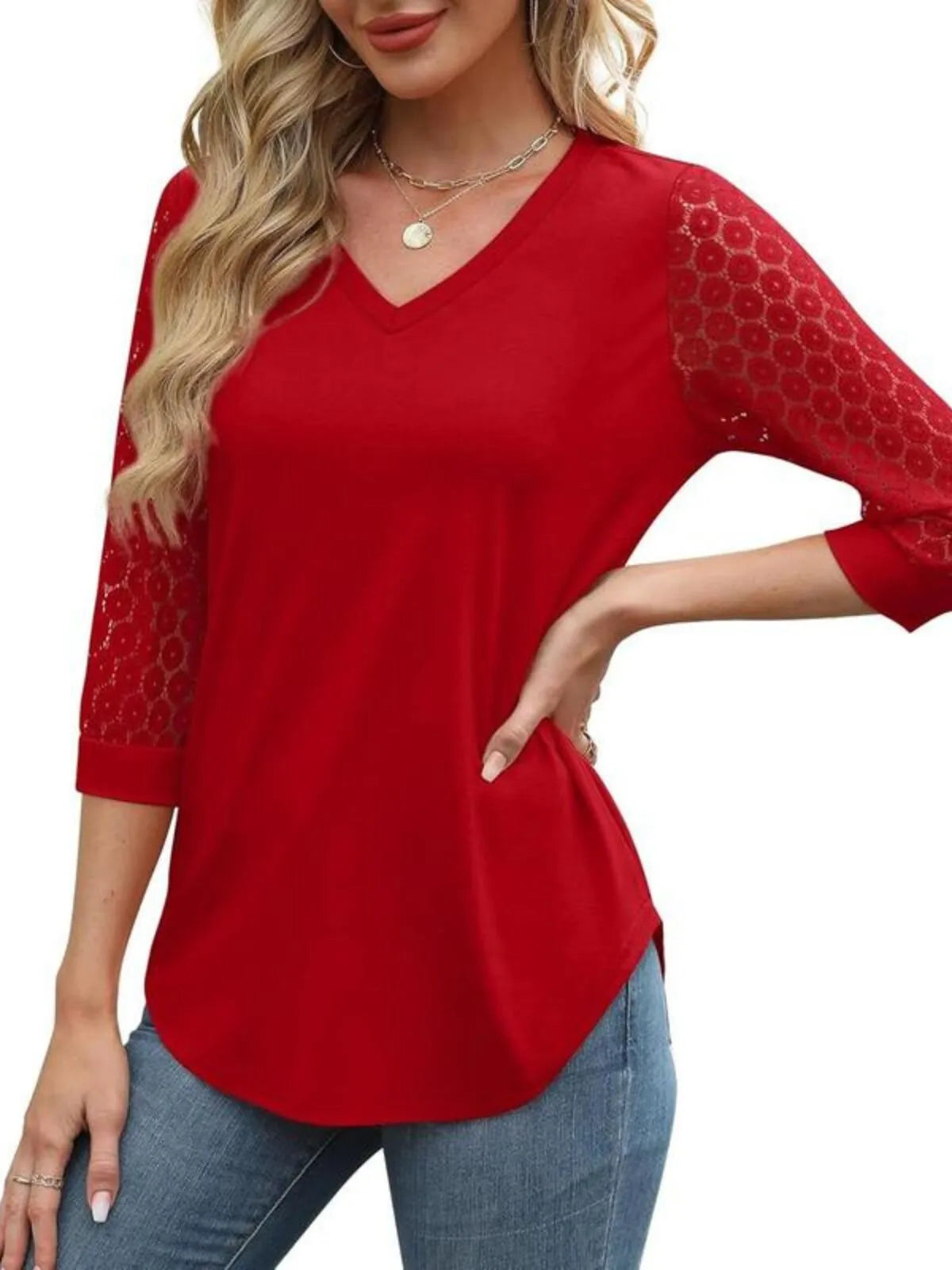 Solid Lace V-Neck Lace Tunic Casual T-shirt
