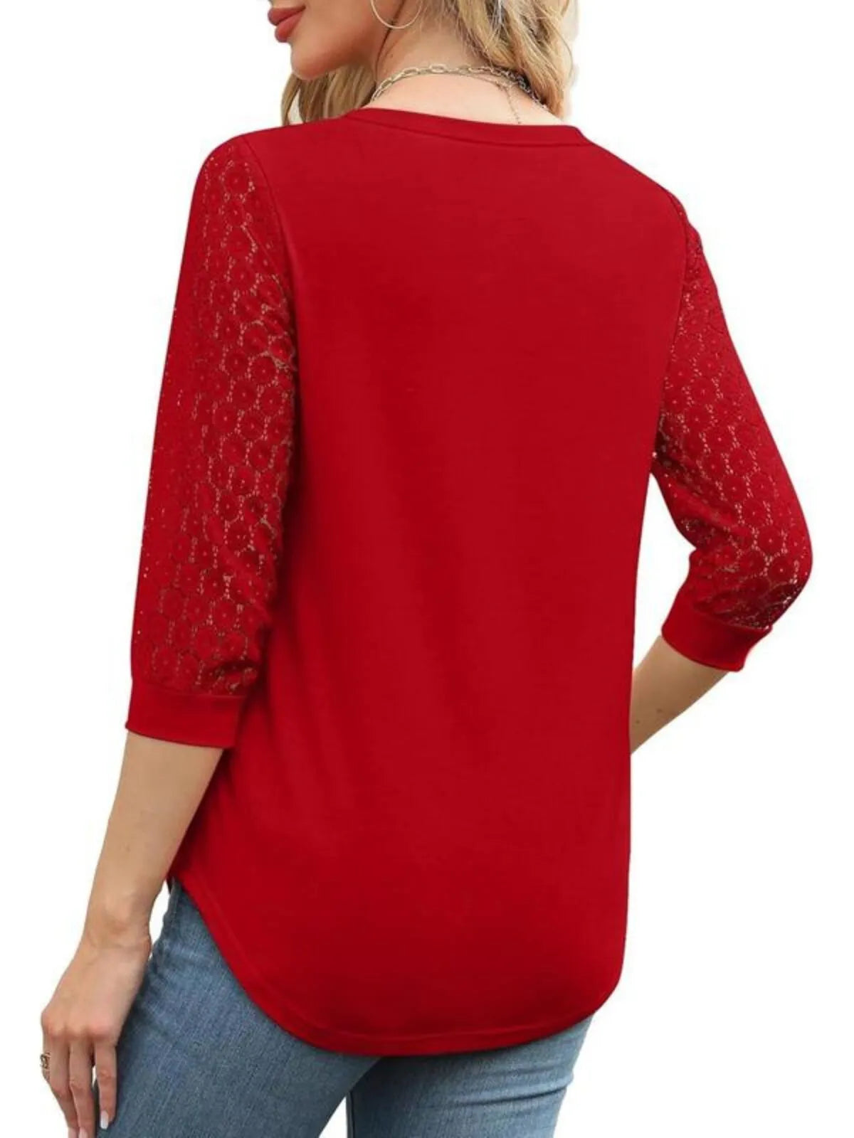 Solid Lace V-Neck Lace Tunic Casual T-shirt