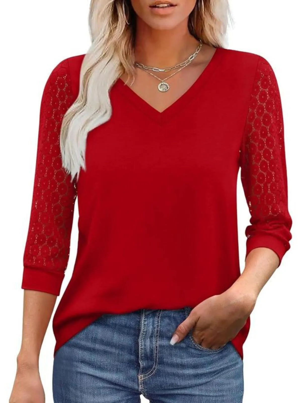 Solid Lace V-Neck Lace Tunic Casual T-shirt