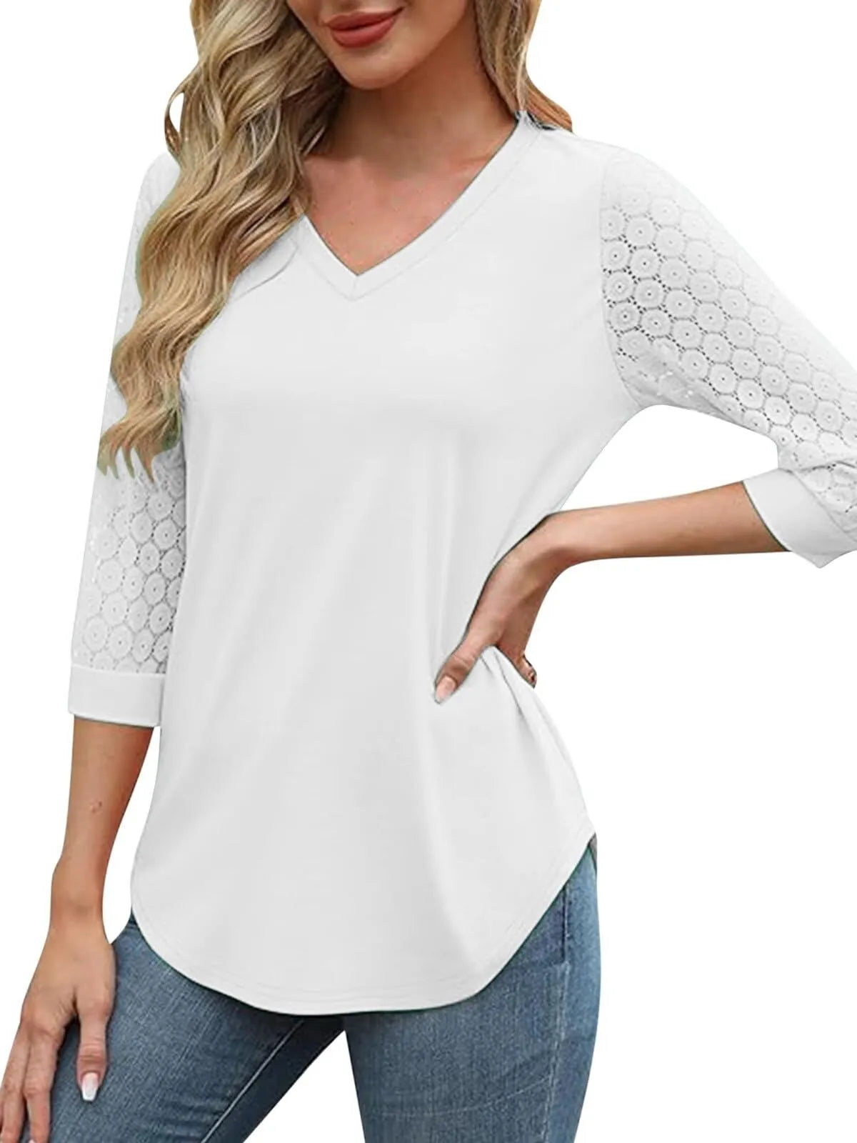 Solid Lace V-Neck Lace Tunic Casual T-shirt