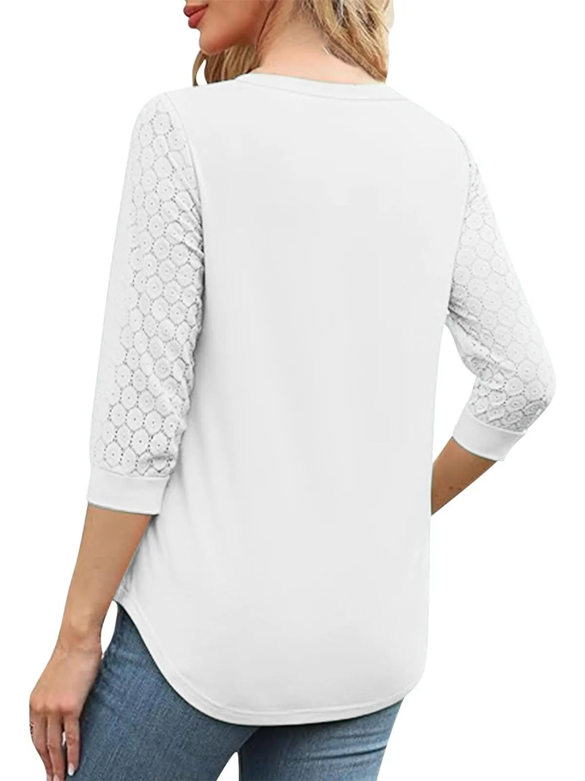 Solid Lace V-Neck Lace Tunic Casual T-shirt