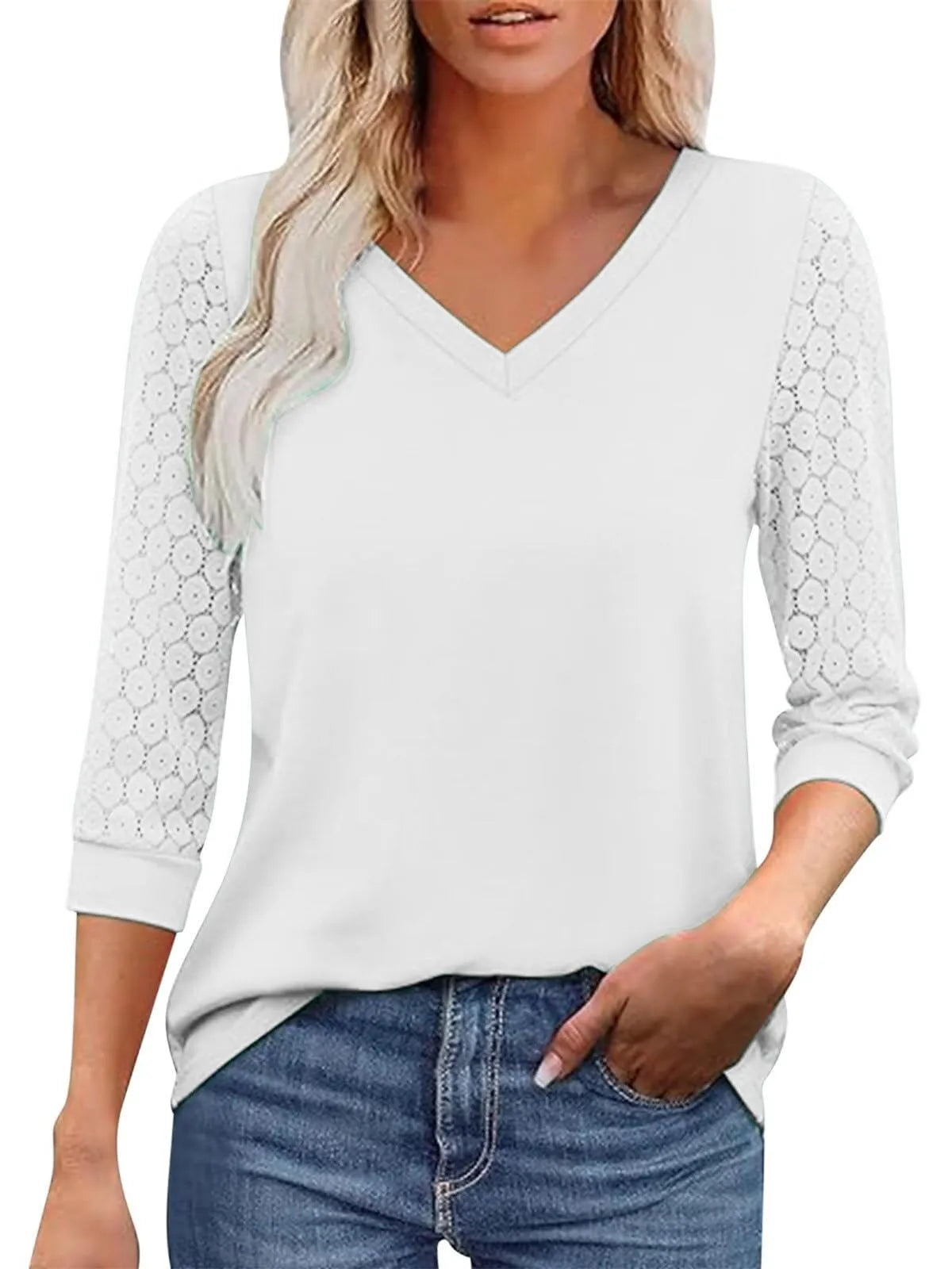 Solid Lace V-Neck Lace Tunic Casual T-shirt