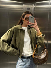 Solid Lapel Drop Shoulder Military Short Coat Trendy Army Color Outwear 