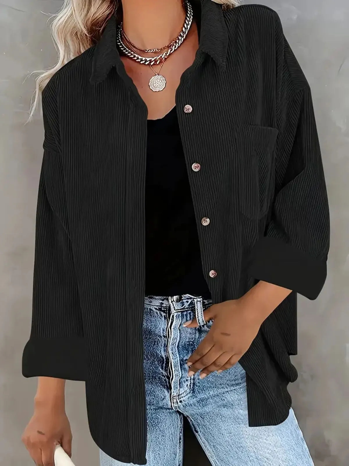 Solid Lapel Collared Minimalist Button Front Collared  Blouse Casual Baggy Drop Shoulder Womenswear