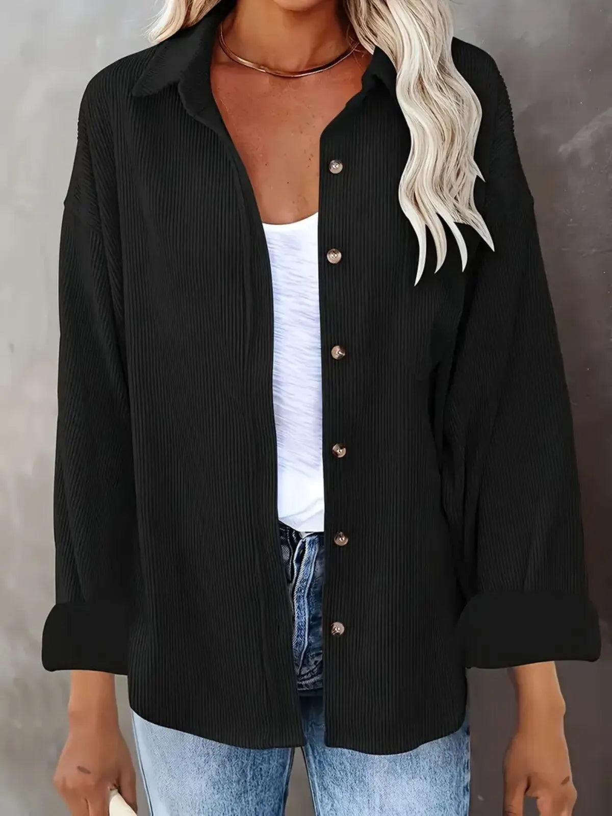 Solid Lapel Collared Minimalist Button Front Collared  Blouse Casual Baggy Drop Shoulder Womenswear