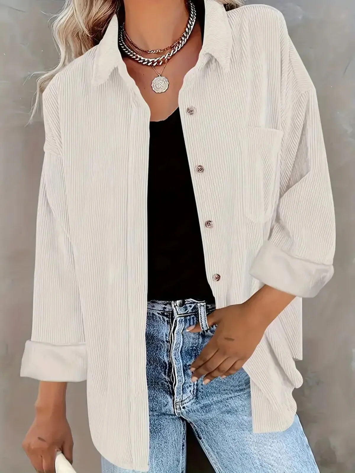 Solid Lapel Collared Minimalist Button Front Collared  Blouse Casual Baggy Drop Shoulder Womenswear