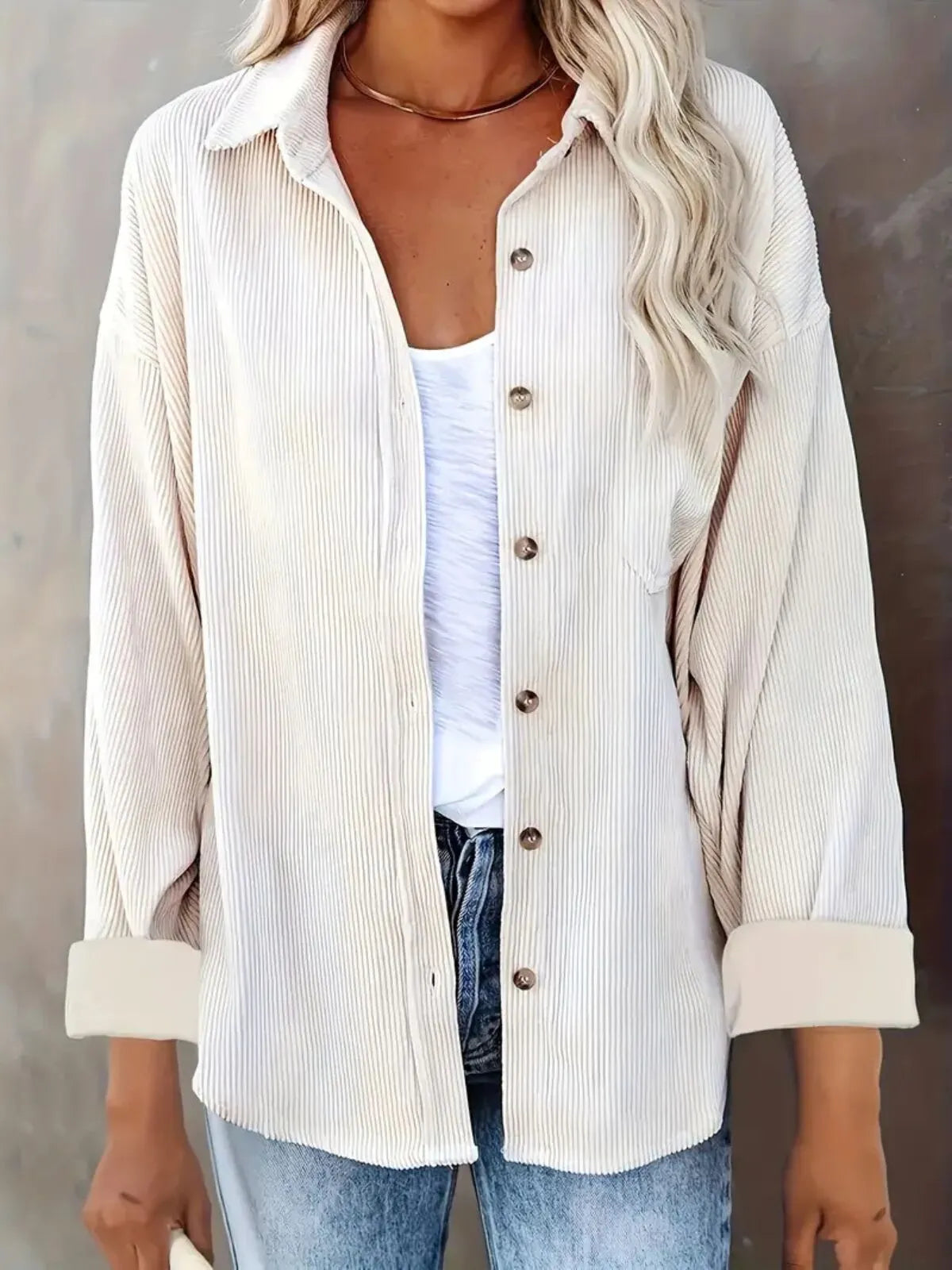 Solid Lapel Collared Minimalist Button Front Collared  Blouse Casual Baggy Drop Shoulder Womenswear