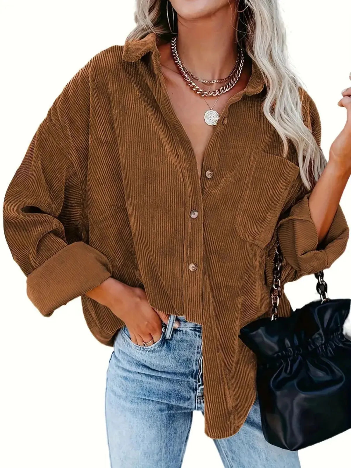 Solid Lapel Collared Minimalist Button Front Collared  Blouse Casual Baggy Drop Shoulder Womenswear
