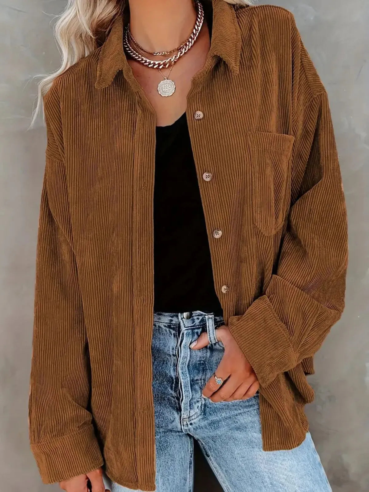 Solid Lapel Collared Minimalist Button Front Collared  Blouse Casual Baggy Drop Shoulder Womenswear