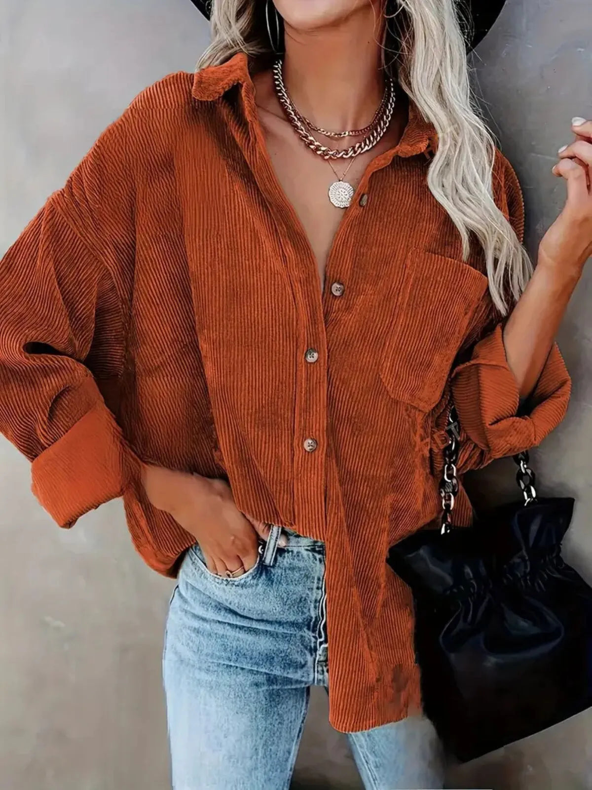 Solid Lapel Collared Minimalist Button Front Collared  Blouse Casual Baggy Drop Shoulder Womenswear