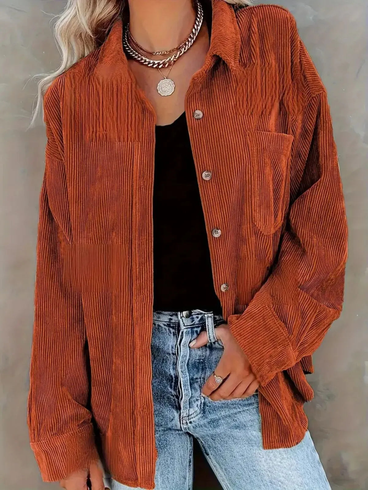 Solid Lapel Collared Minimalist Button Front Collared  Blouse Casual Baggy Drop Shoulder Womenswear