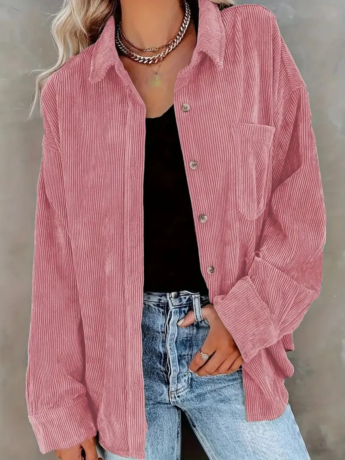 Solid Lapel Collared Minimalist Button Front Collared  Blouse Casual Baggy Drop Shoulder Womenswear