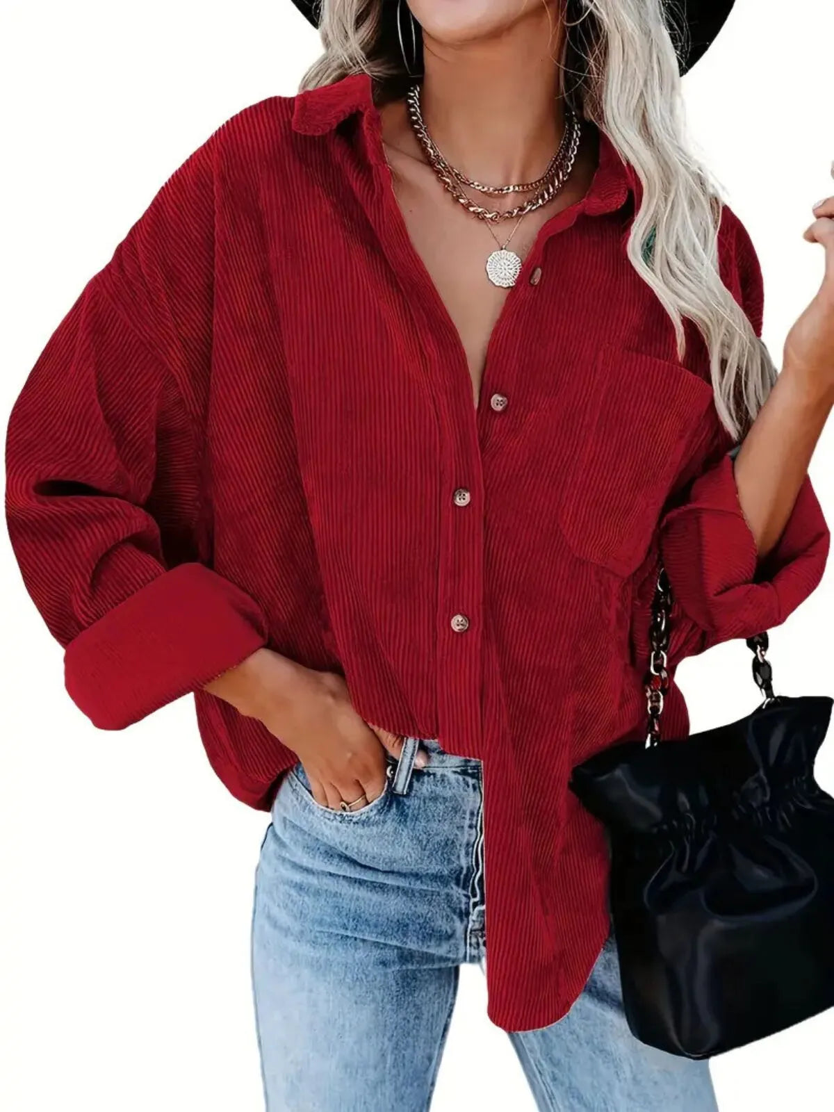 Solid Lapel Collared Minimalist Button Front Collared  Blouse Casual Baggy Drop Shoulder Womenswear