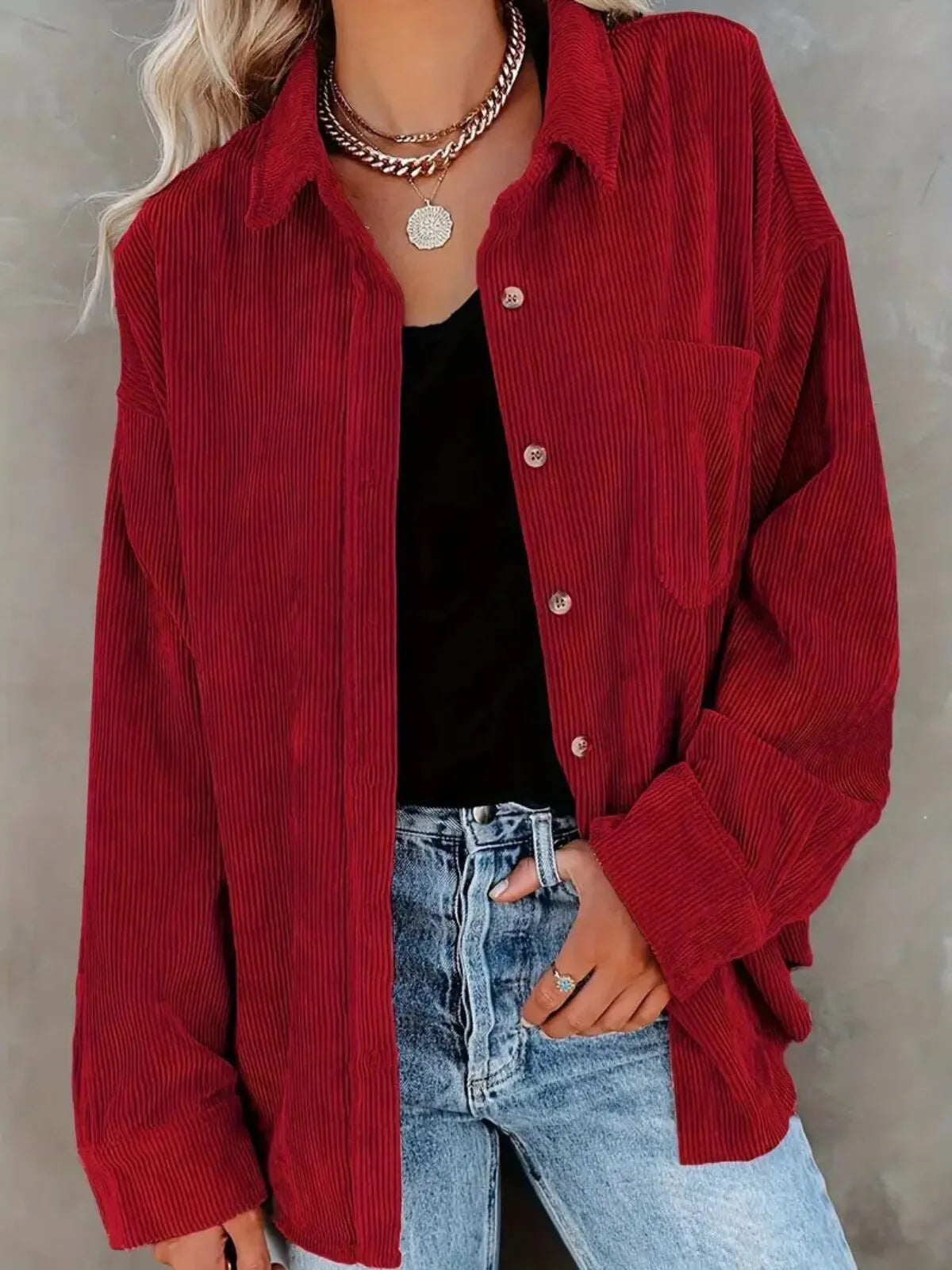Solid Lapel Collared Minimalist Button Front Collared  Blouse Casual Baggy Drop Shoulder Womenswear