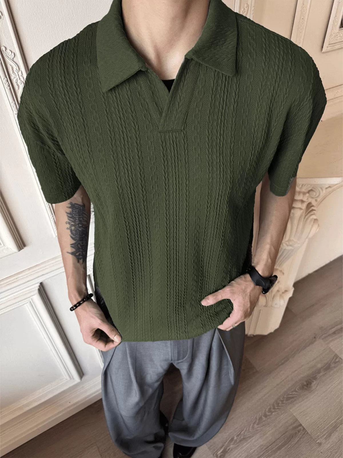 Men Solid Casual Lapel Regular Knit Polo, for Office Daily Wear