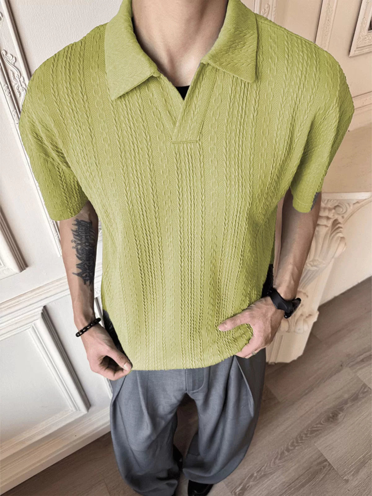 Men Solid Casual Lapel Regular Knit Polo, for Office Daily Wear