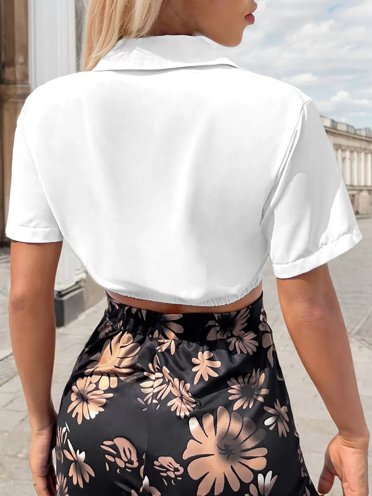 Solid Lapel Short Sleeve Blouse