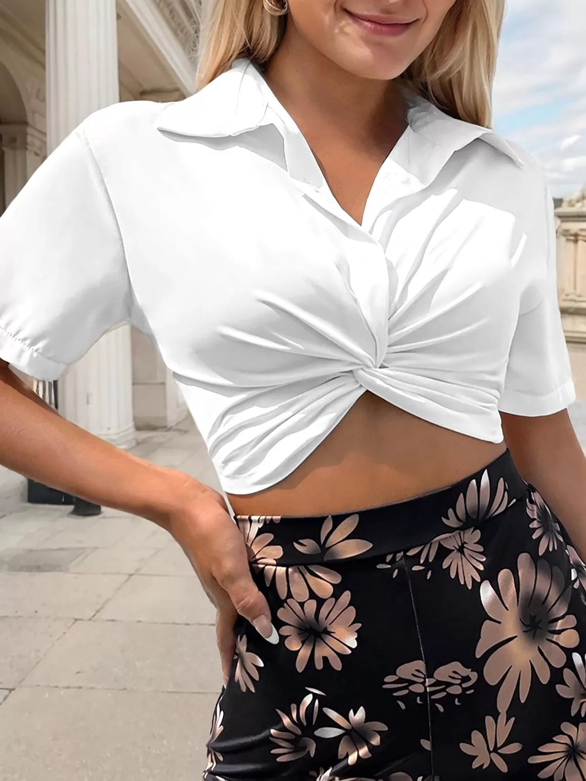 Solid Lapel Short Sleeve Blouse