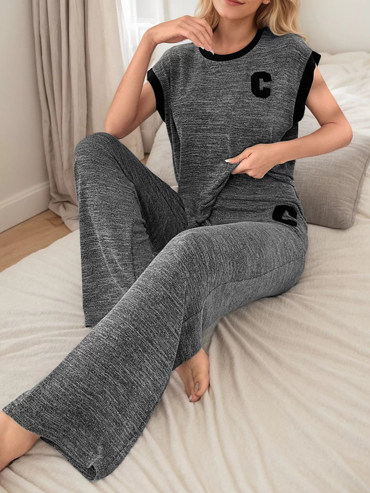Solid Letter Cap Sleeve Pajama Pants Set