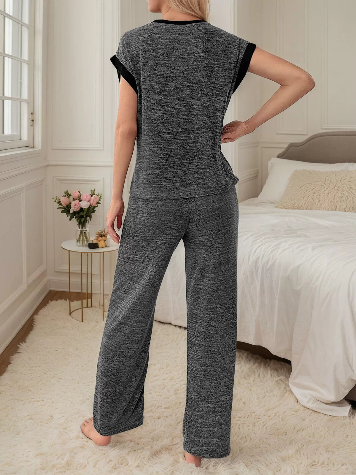 Solid Letter Cap Sleeve Pajama Pants Set