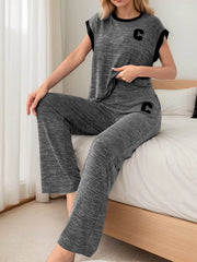 Solid Letter Cap Sleeve Pajama Pants Set