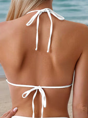 Solid Low Rise Halter Drawstring Bikini Top