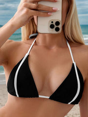 Solid Low Rise Halter Drawstring Bikini Top