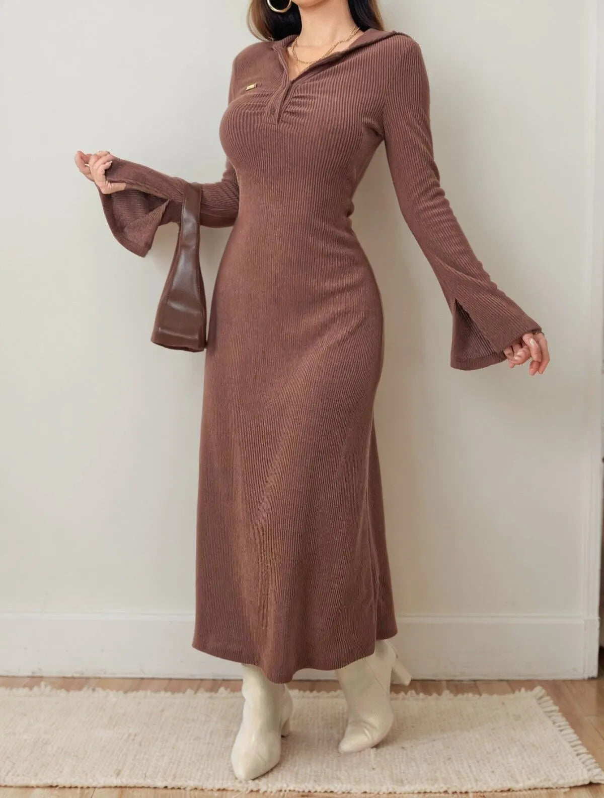 Solid Casual Textured Fabric Metal Button Lapel Shift Dress