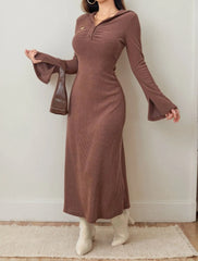 Solid Casual Textured Fabric Metal Button Lapel Shift Dress