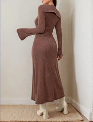 Solid Casual Textured Fabric Metal Button Lapel Shift Dress