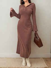 Solid Casual Textured Fabric Metal Button Lapel Shift Dress