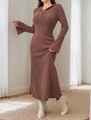 Solid Casual Textured Fabric Metal Button Lapel Shift Dress