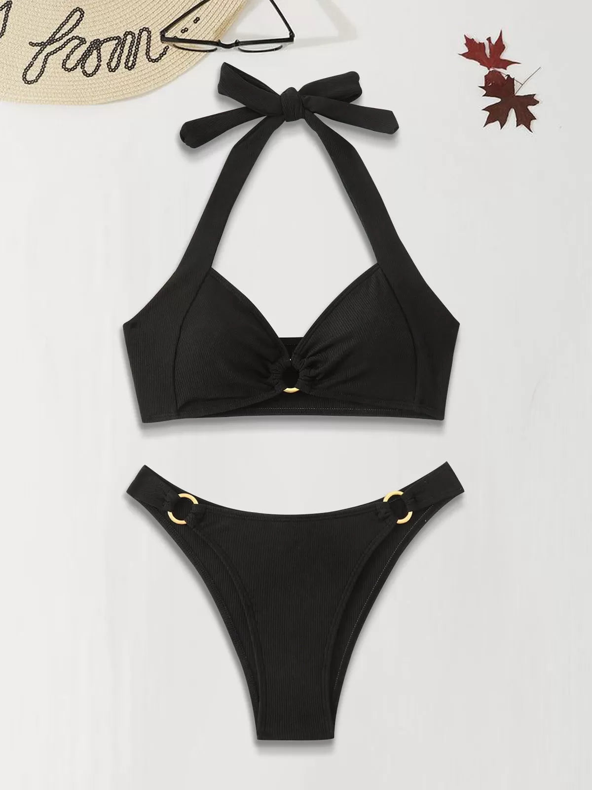 Solid Metal Button Low Rise Halter Bikini