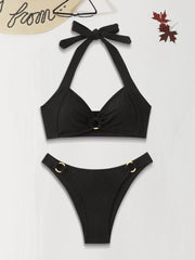 Solid Metal Button Low Rise Halter Bikini