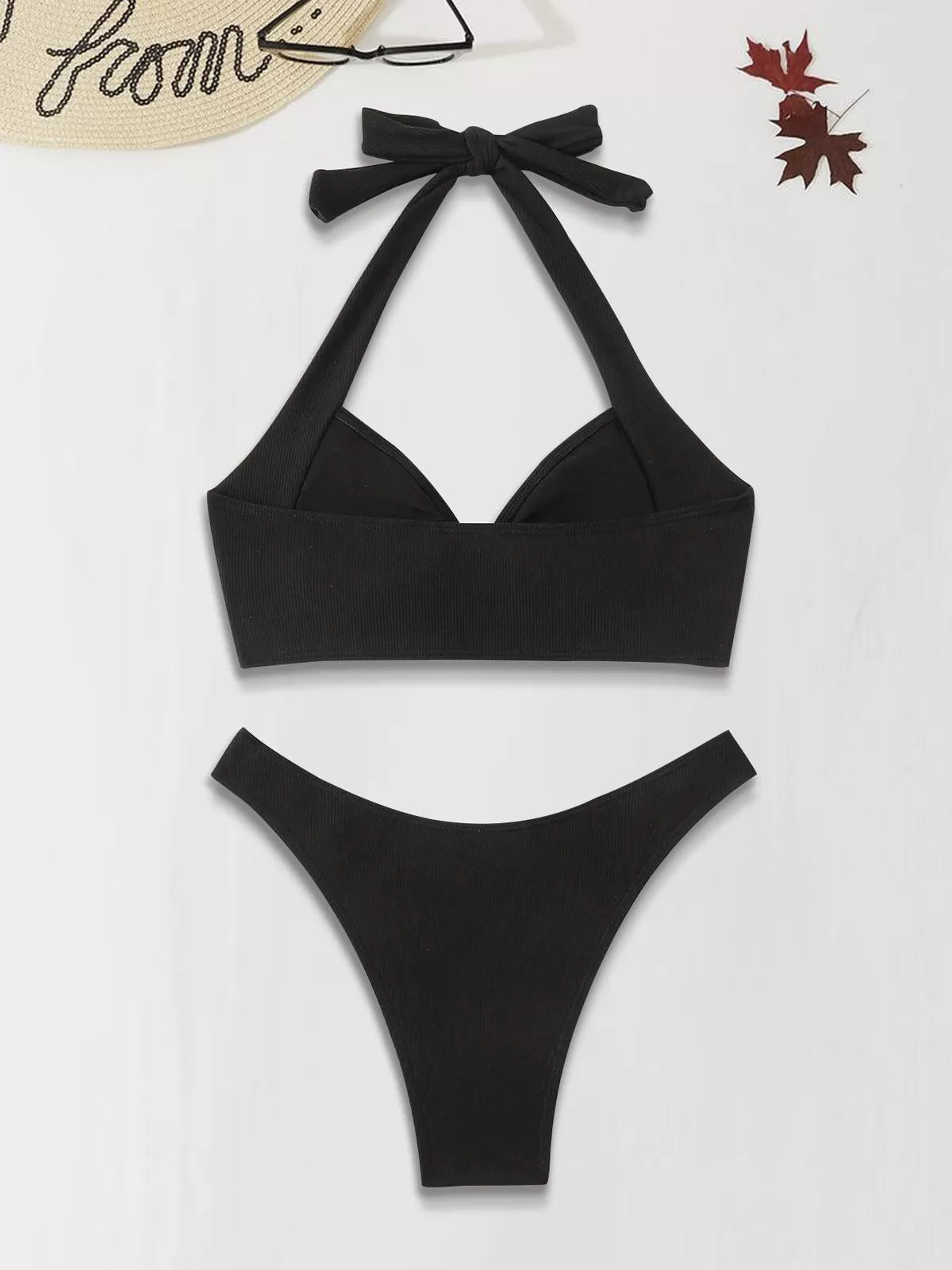 Solid Metal Button Low Rise Halter Bikini