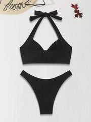 Solid Metal Button Low Rise Halter Bikini