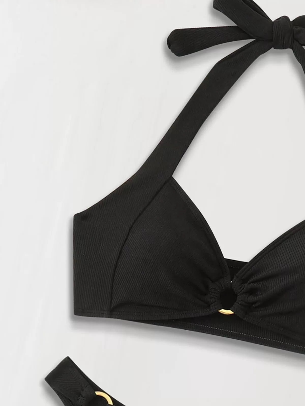 Solid Metal Button Low Rise Halter Bikini
