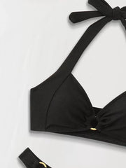 Solid Metal Button Low Rise Halter Bikini