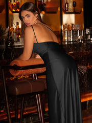 Solid Elegant Wedding Party Cocktail One Shoulder Satin High Split Fit Maxi Formal Bodycon Dress