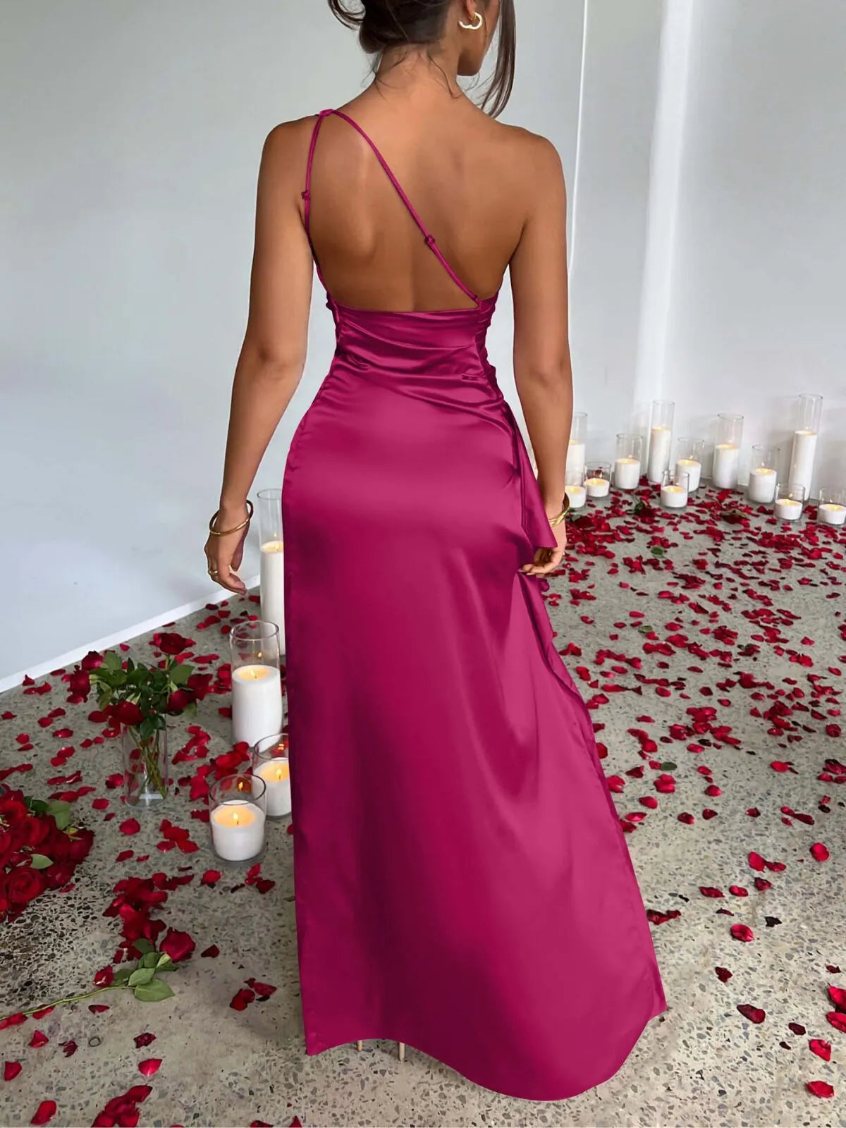 Solid Elegant Wedding Party Cocktail One Shoulder Satin High Split Fit Maxi Formal Bodycon Dress