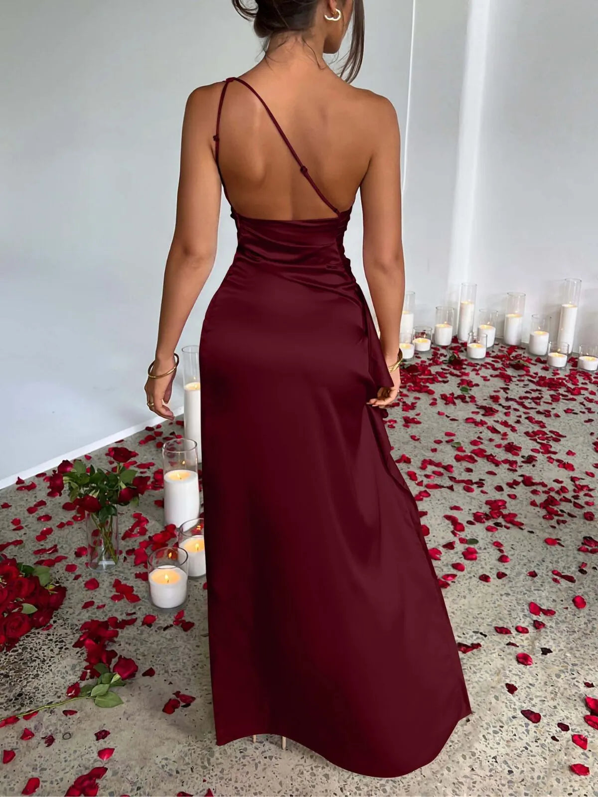 Solid Elegant Wedding Party Cocktail One Shoulder Satin High Split Fit Maxi Formal Bodycon Dress