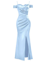 Wedding Guest Graduation Off Shoulder Sleeveless Spaghetti Strap Satin High Split Wrap Ruched Style Formal Maxi Bodycon Dress