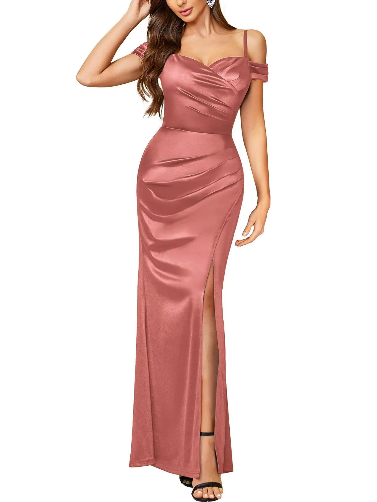 Wedding Guest Graduation Off Shoulder Sleeveless Spaghetti Strap Satin High Split Wrap Ruched Style Formal Maxi Bodycon Dress